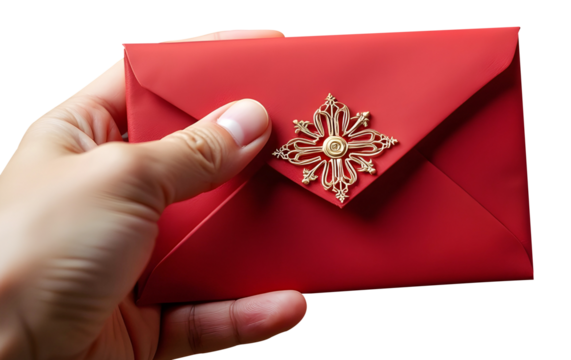A hand gently holds a rich red envelope, adorned with an elegant gold ornament. A symbol of celebration or perhaps a secret message., cut out,transparent background - Powered by Adobe