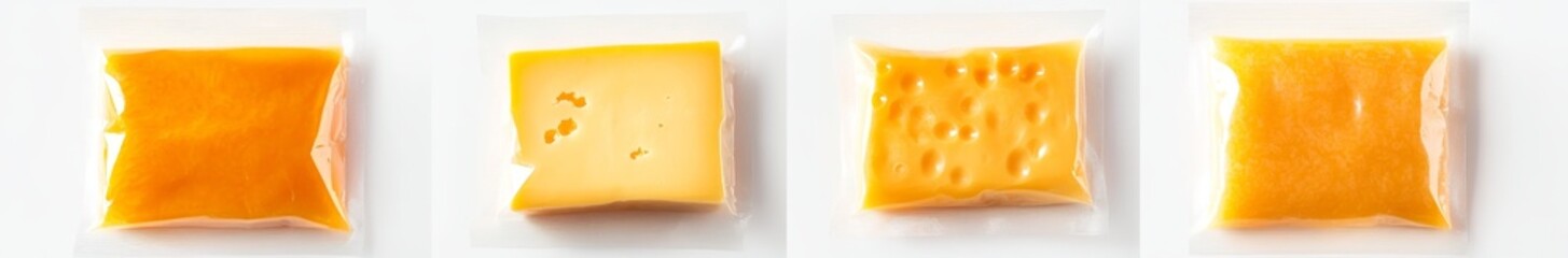Four individual portions of cheese in plastic packaging.