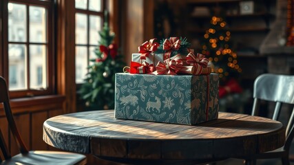 A festive Christmas setting with a stack of wrapped presents on a rustic wooden table, adorned with ribbons and bows, surrounded by a Christmas tree and a window with natural light streaming in.