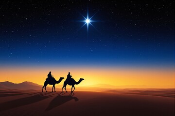 Silhouettes of two camel riders under a starry sky with a bright star and desert background at sunrise.