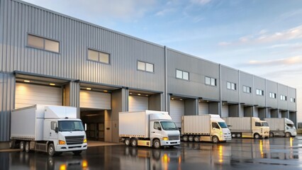 Transportation Hub: A blurred shot of a warehouse and delivery trucks parked.
