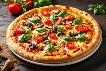 Delicious freshly baked pizza topped with tomatoes, mushrooms, and basil leaves on a rustic wooden table background.