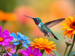 Naklejka premium Broad billed hummingbird with vibrant colors blending into various backgrounds, adding interest to any garden setting, flowers, hummingbird, backgrounds