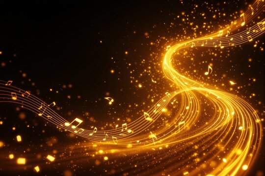 Musical notes glowing in golden light on a dark background.
