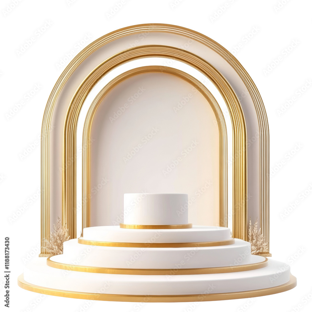 Aufkleber a three tiered circular display stand with gold accents and arches, perfect for product showcasing.