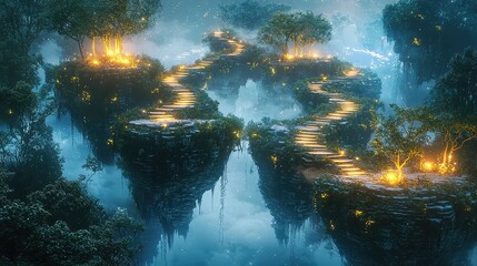 Obraz premium Enchanted Pathways Through a Misty Forest at Night with Lights