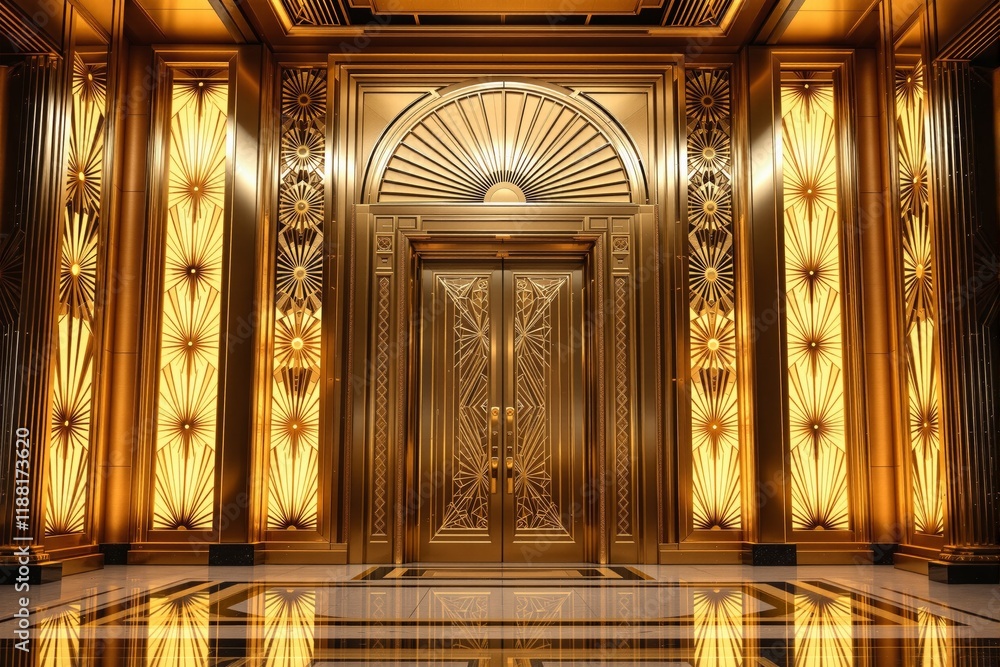 Poster luxurious golden door with intricate art deco designs and glowing illuminated panels in a symmetrica