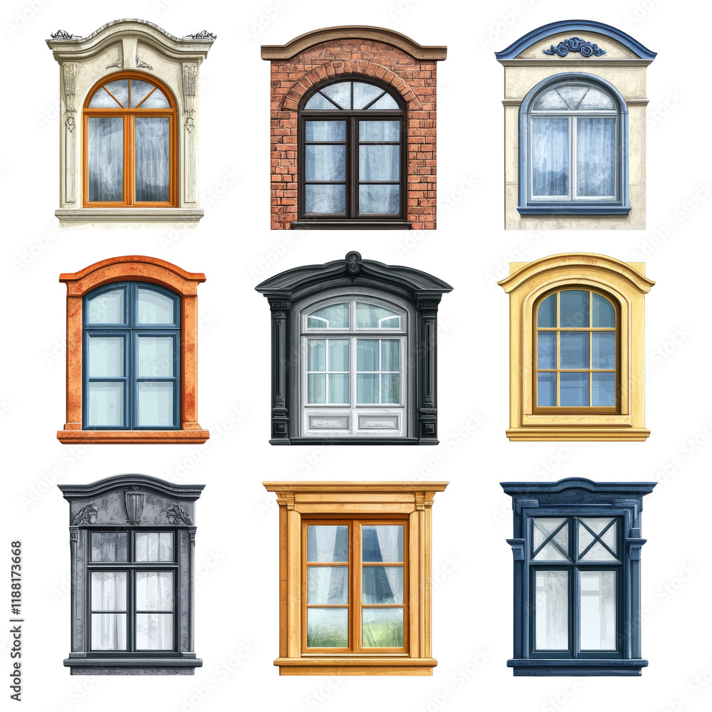 Poster a digital illustration showcases nine different styles of arched windows with varying materials and 