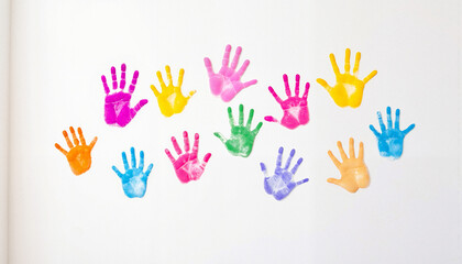 Colorful handprints on white wall, playful celebration of Holi .Holi festival.