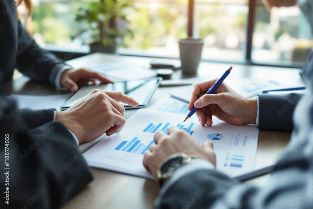 Aufkleber close-up of business professionals analyzing charts and graphs in a meeting, natural light backgroun