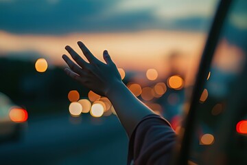 A girl's hand extended out of a car window, capturing the carefree spirit of travel and the warmth of a summer evening.