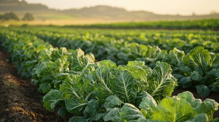 Lush Green Cabbage Rows in a Serene Farm Landscape at Dusk