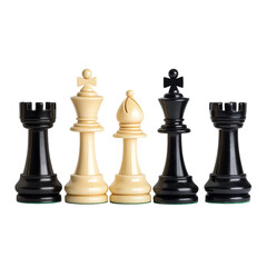 A close up view of a row of chess pieces showing black and white kings, bishops and rooks.