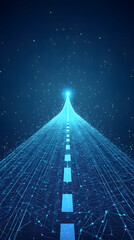 vertical banner featuring glowing low poly wireframe road leading to bright focal point, symbolizing business achievement, strategic goals, technology driven success on blue digital background