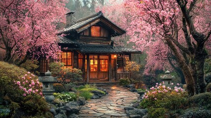 Fototapeta premium Serene Japanese Cottage Surrounded by Vibrant Cherry Blossoms