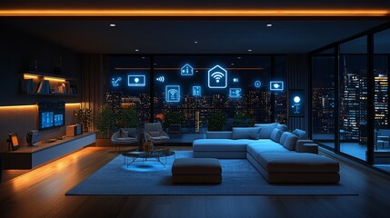 Smart home living room with city view and digital interface at night