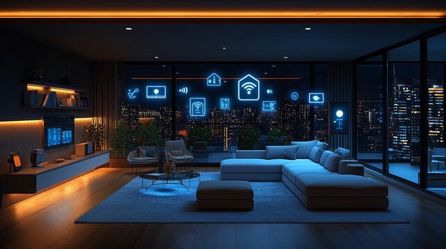Smart home living room with city view and digital interface at night - Powered by Adobe