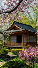 Serene Japanese Pavilion Surrounded by Cherry Blossom Trees
