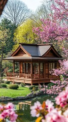 Tranquil Wooden Pavilion Surrounded by Cherry Blossom Trees