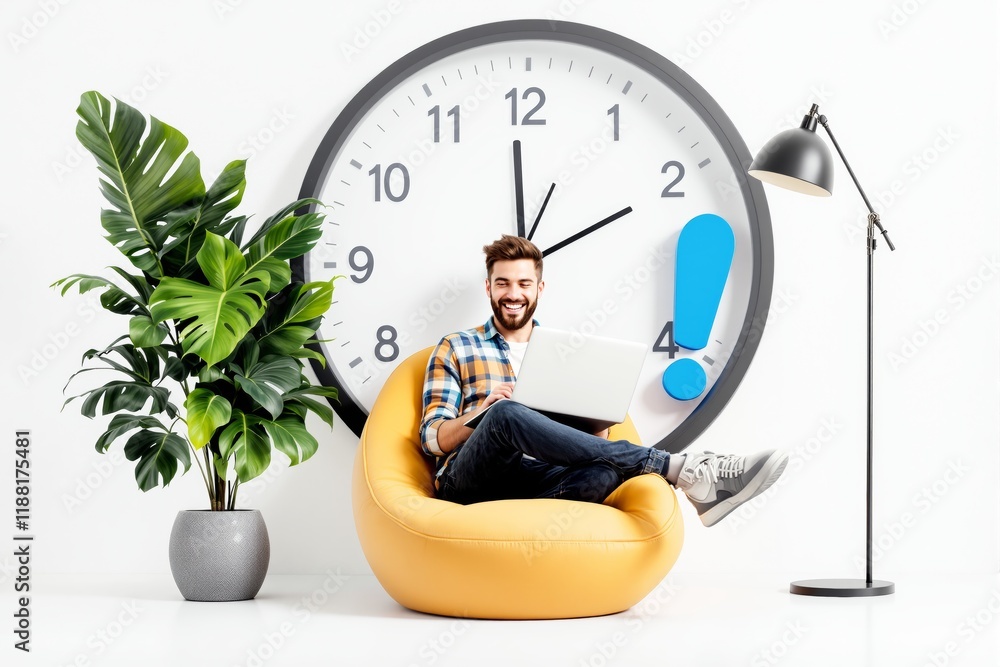 Poster man working on laptop in cozy setup with clock background and stylish decor.