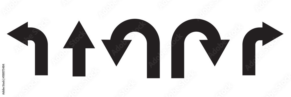 Poster print u turn arrow symbol icon set. direction icon set. go straight this way one way only u turn lef