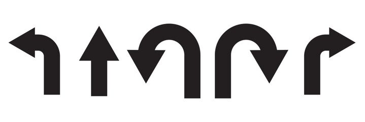 Print U turn arrow symbol icon set. Direction Icon Set. Go Straight This Way One Way Only U Turn Left and Right Black  . 1176