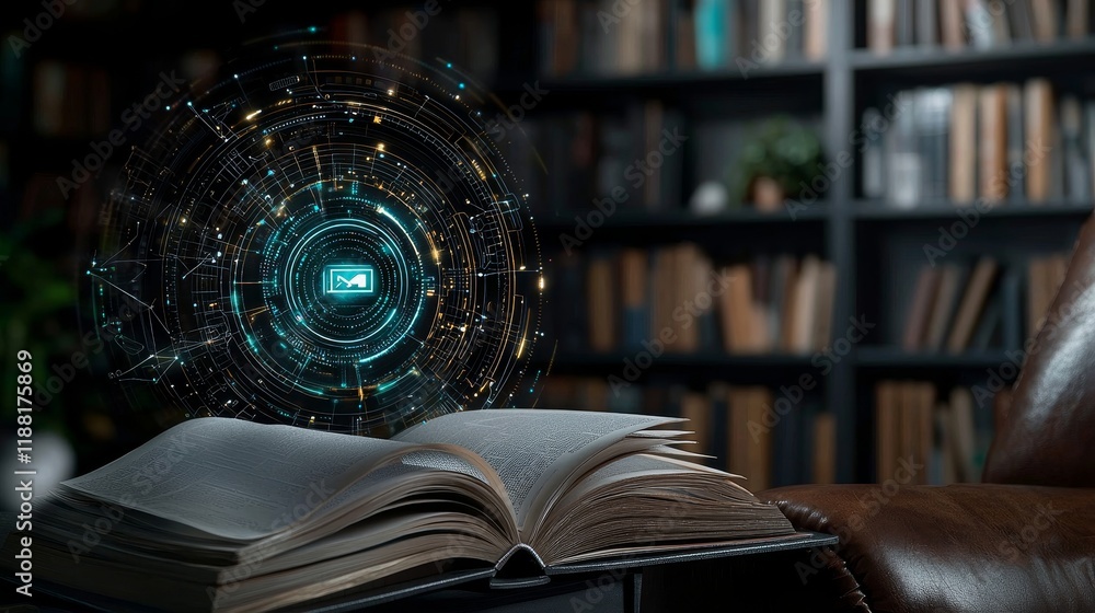 Poster open book with digital hologram in library setting reflecting technology and knowledge