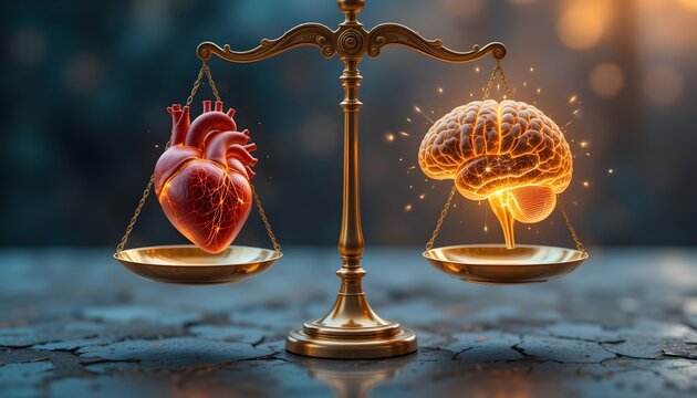 Balancing Emotions: Scales with a heart on one side and a brain on the other, symbolizing emotional and rational harmony