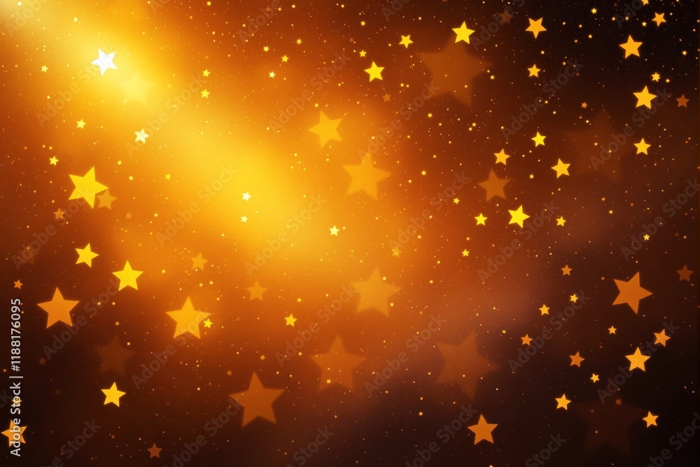 Poster Golden stars scattered on a glowing dark background with a radiant light effect creating a dreamy and festive atmosphere.