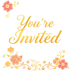 Stylized "You're Invited" in elegant gold script with swirls of colorful floral patterns. png isolated background. transparent background.