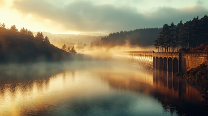 Serene Landscape at Dawn Over Calm Waters with Misty Reflections