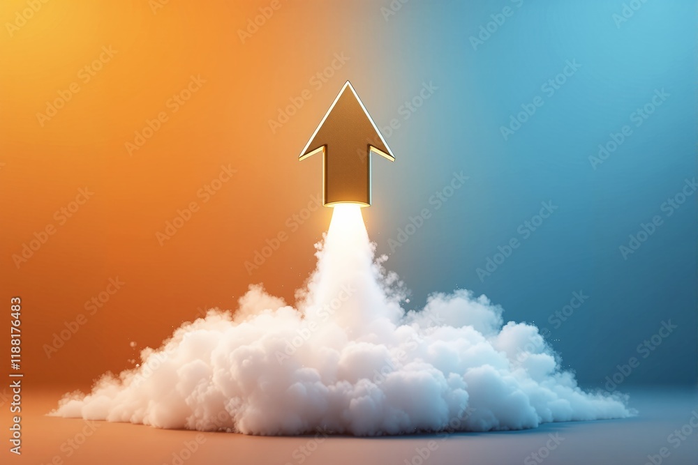 Poster Golden arrow symbol launching upward surrounded by white clouds on a gradient background of orange and blue tones.