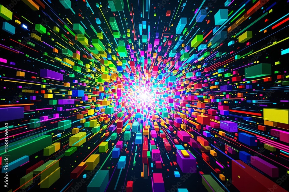 Poster Bright colorful abstract blocks radiating from a glowing central point on a dark background.