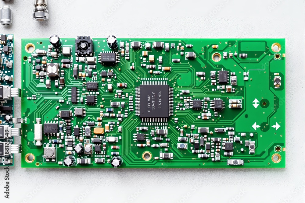 Poster close-up of a green circuit board with electronic components on a white background.