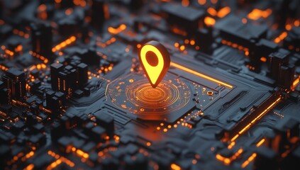 Glowing location pin on futuristic circuit board.
