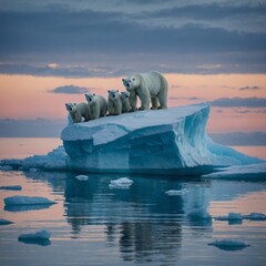 Fototapeta premium A polar bear and its cubs on an iceberg, under a soft sky blue twilight.