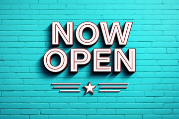 Obraz premium Now open text with red borders on a turquoise brick wall background.
