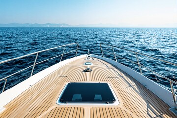 View from yacht deck over ocean with mountains in distance on sunny day.