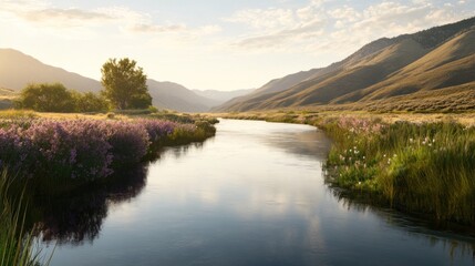 Serene River Flows Through Mountain Valley Landscape