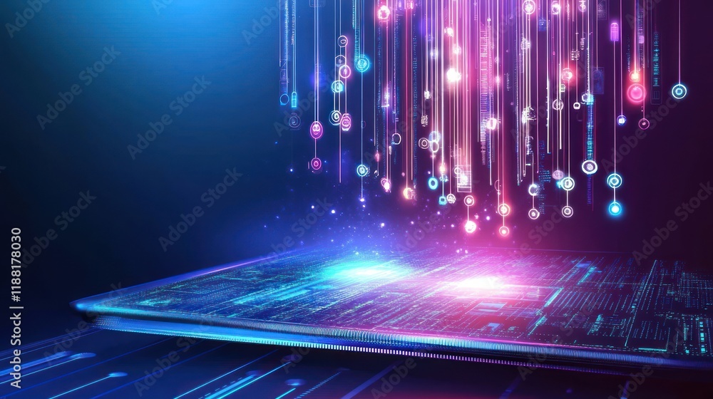 Aufkleber digital data streaming onto a futuristic tablet device