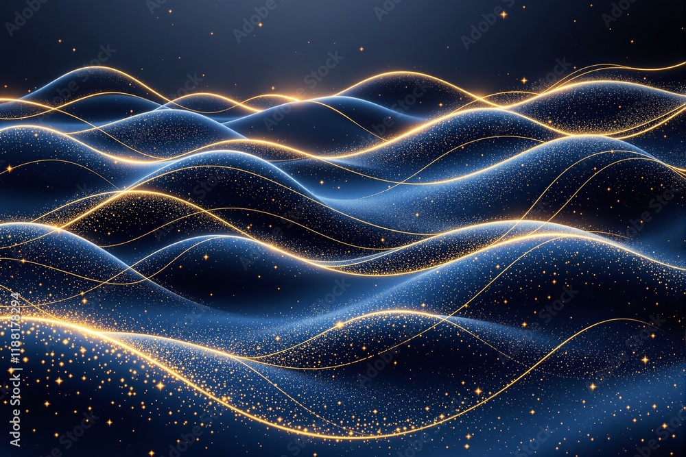 Poster abstract glowing wave pattern with golden lights on dark blue background.