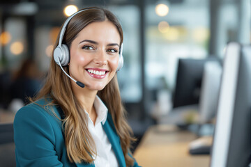 Smiling call center agent wearing headset in modern office background.