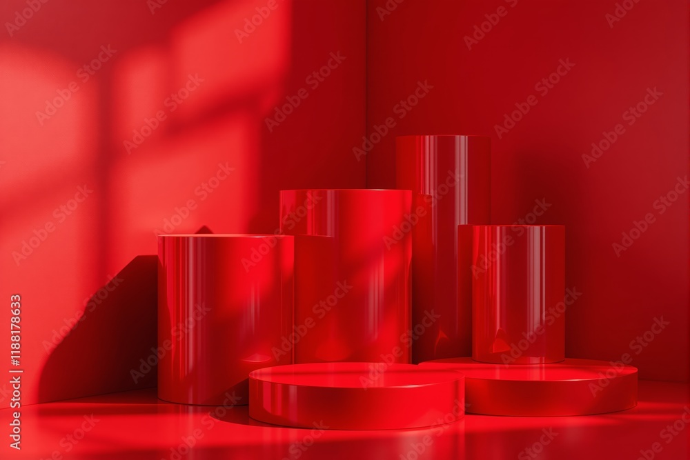 Poster glossy red cylindrical podiums with geometric design in minimalist red background for product displa