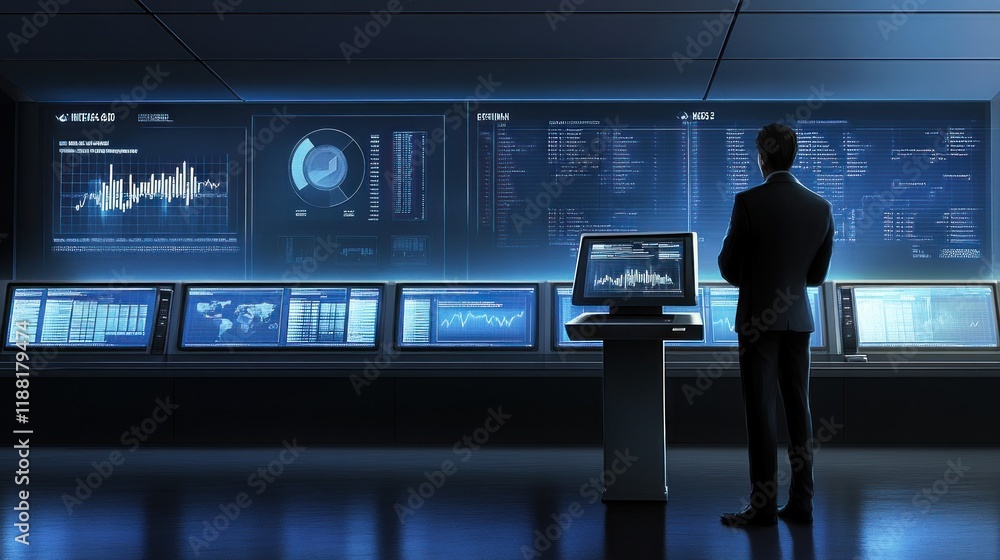 Poster Man observing data displayed on numerous monitors