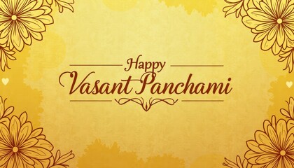 Fototapeta premium Textured Yellow Paper Background with Floral Accents and 'Happy Vasant Panchami' in Serif Font