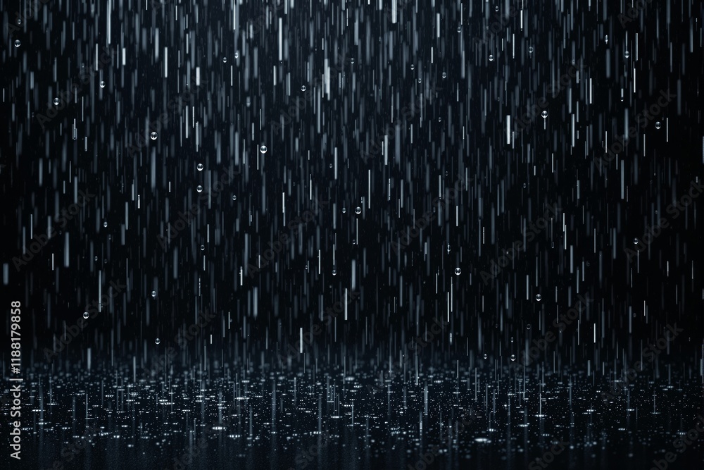 Poster Rain droplets falling on a dark surface with light reflections.