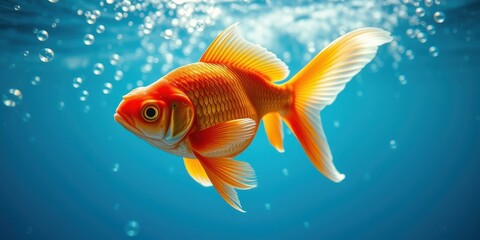 A Vibrant Orange Goldfish Gracefully Navigates Through Crystal Clear Water, Its Fins Cutting Through the Surface with Ease, Leaving a Trail of Sparkling Bubbles in its Wake