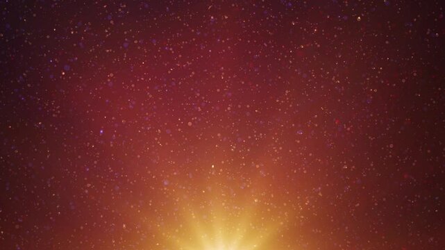 Radiant red sunrise efect with rapidly falling glittering particles and twinkling lights, creating an ethereal, festive and warm atmosphere