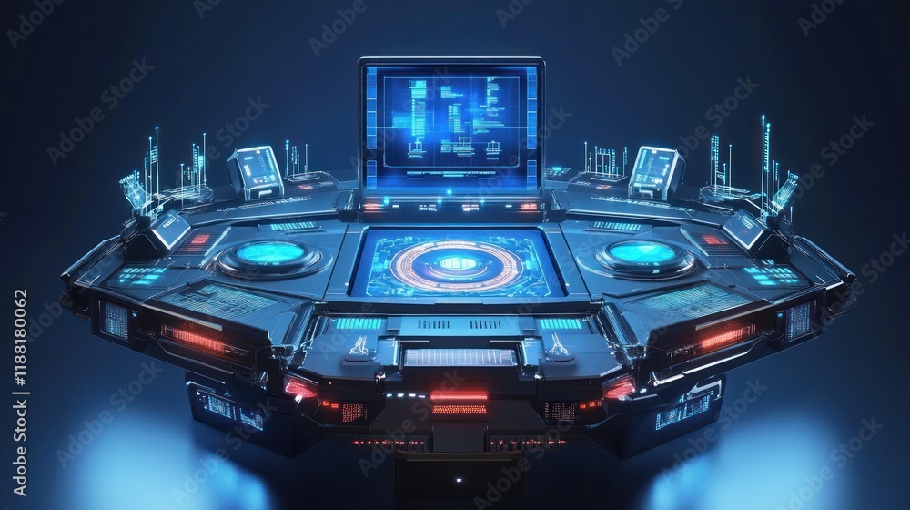 Poster Futuristic Control Console Station With Advanced Technology Display