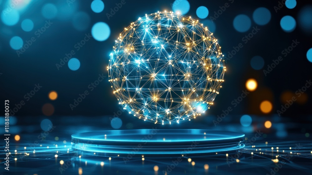Poster illuminated network sphere above glowing platform